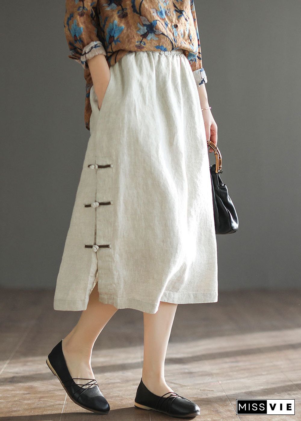 Linen Colour Side Open Linen A Line Skirt High Waist Drawstring Summer