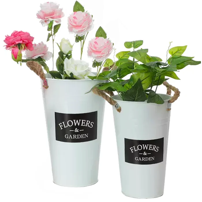 Tall White Waterproof Galvanized Shop Flower Bucket Display Metal Bucket With Handle Florist Supplies Signature Decoration