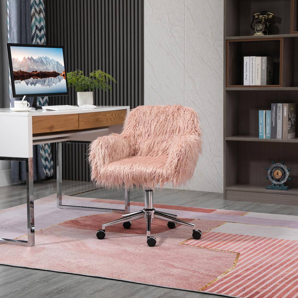 Vinsetto Pink Faux Fur Desk Chair Swivel Vanity Chair with Adjustable Height and Wheels 921-548PK