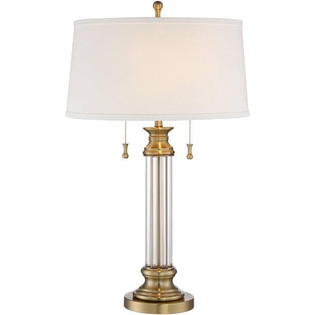 Tall Crystal Brass Column Off White Tapered Drum Shade For Bedroom Living Room Bedside Office