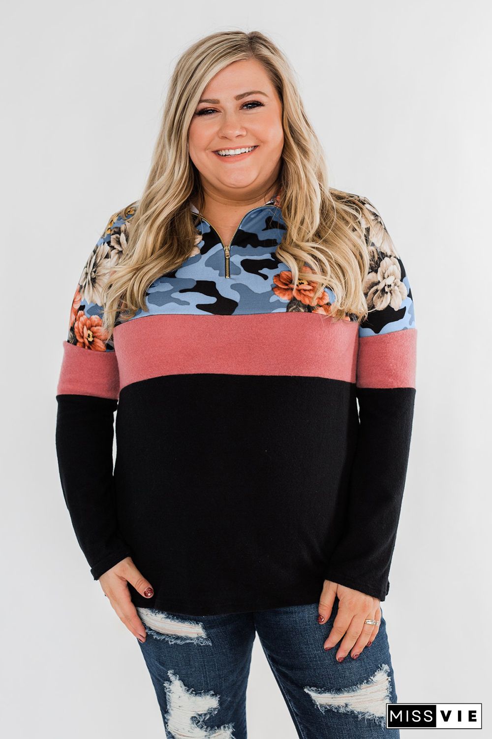 Camo Floral Colorblock Quarter Zip Plus Size Sweatshirt