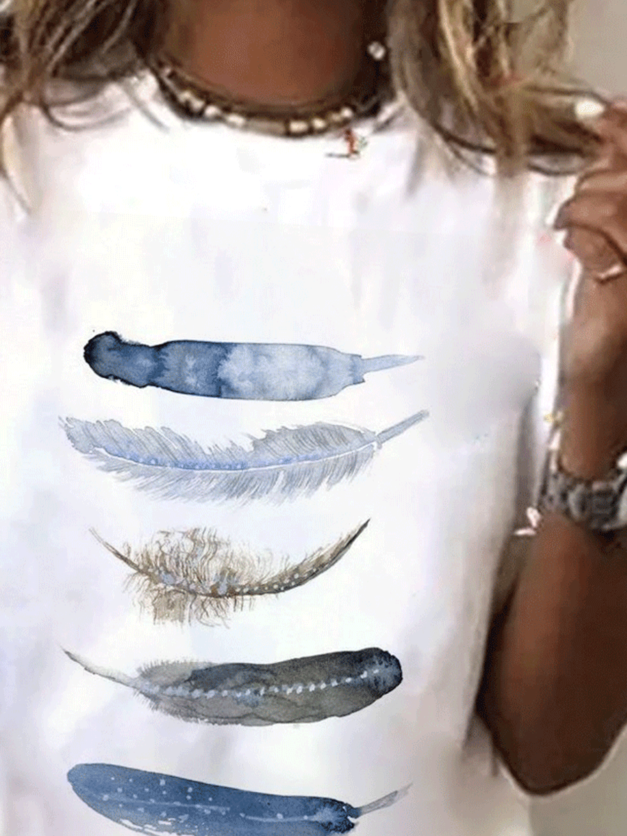 Fashion Feather Print Round Neck Short Sleeve Casual T-shirt