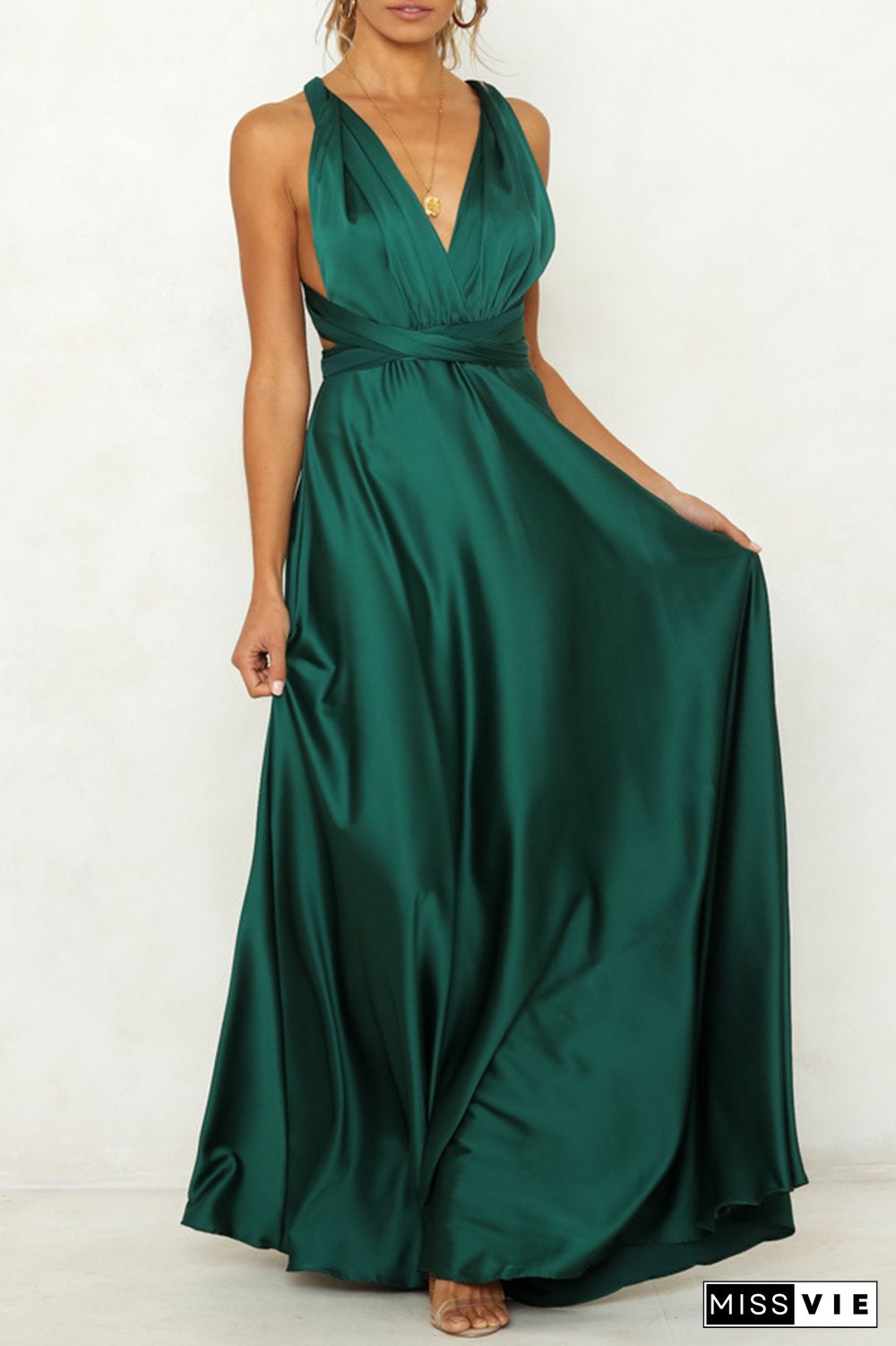 Celebrities Elegant Solid Backless Strap Design V Neck Evening Dress