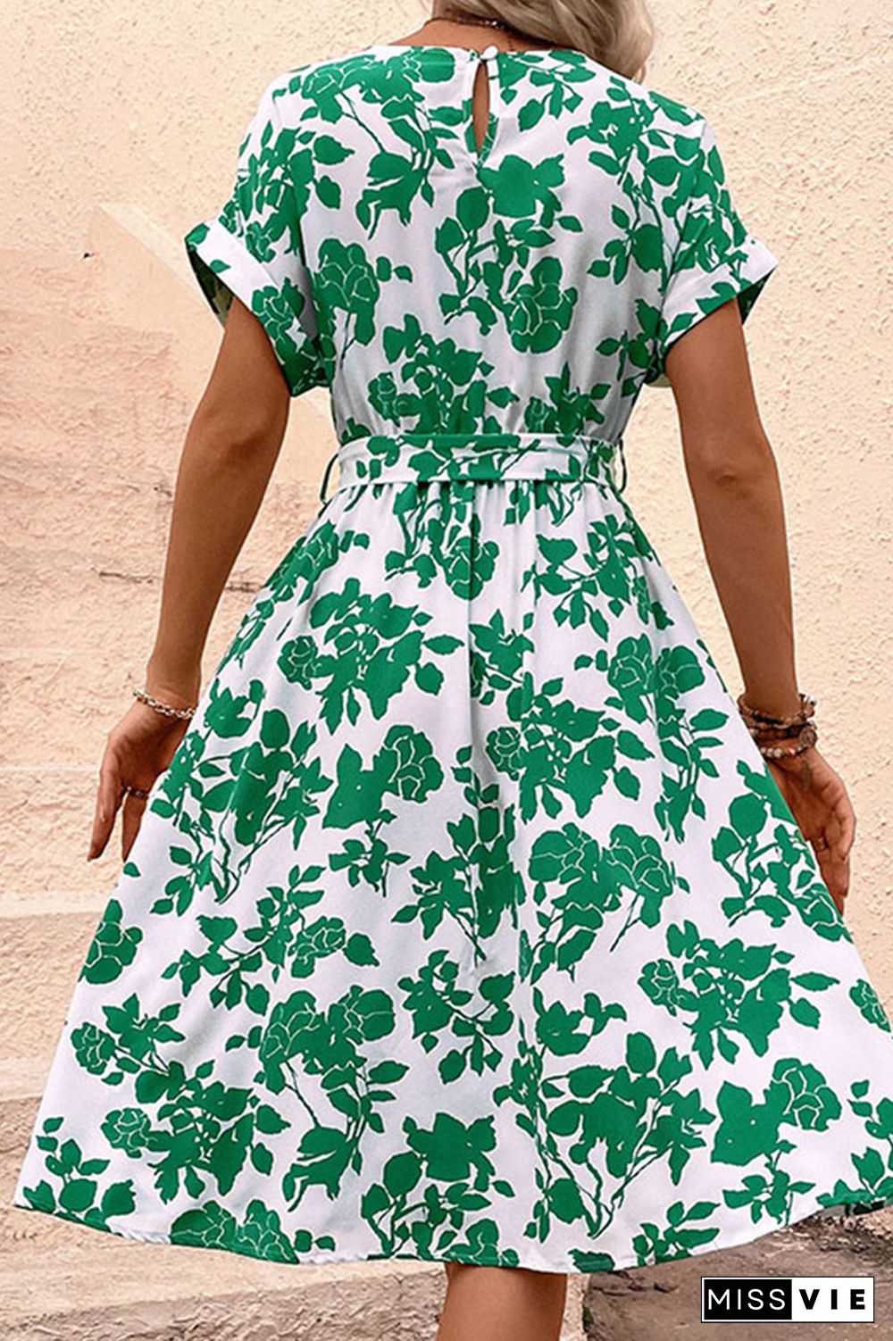 Green Flower Print Dress with Belt