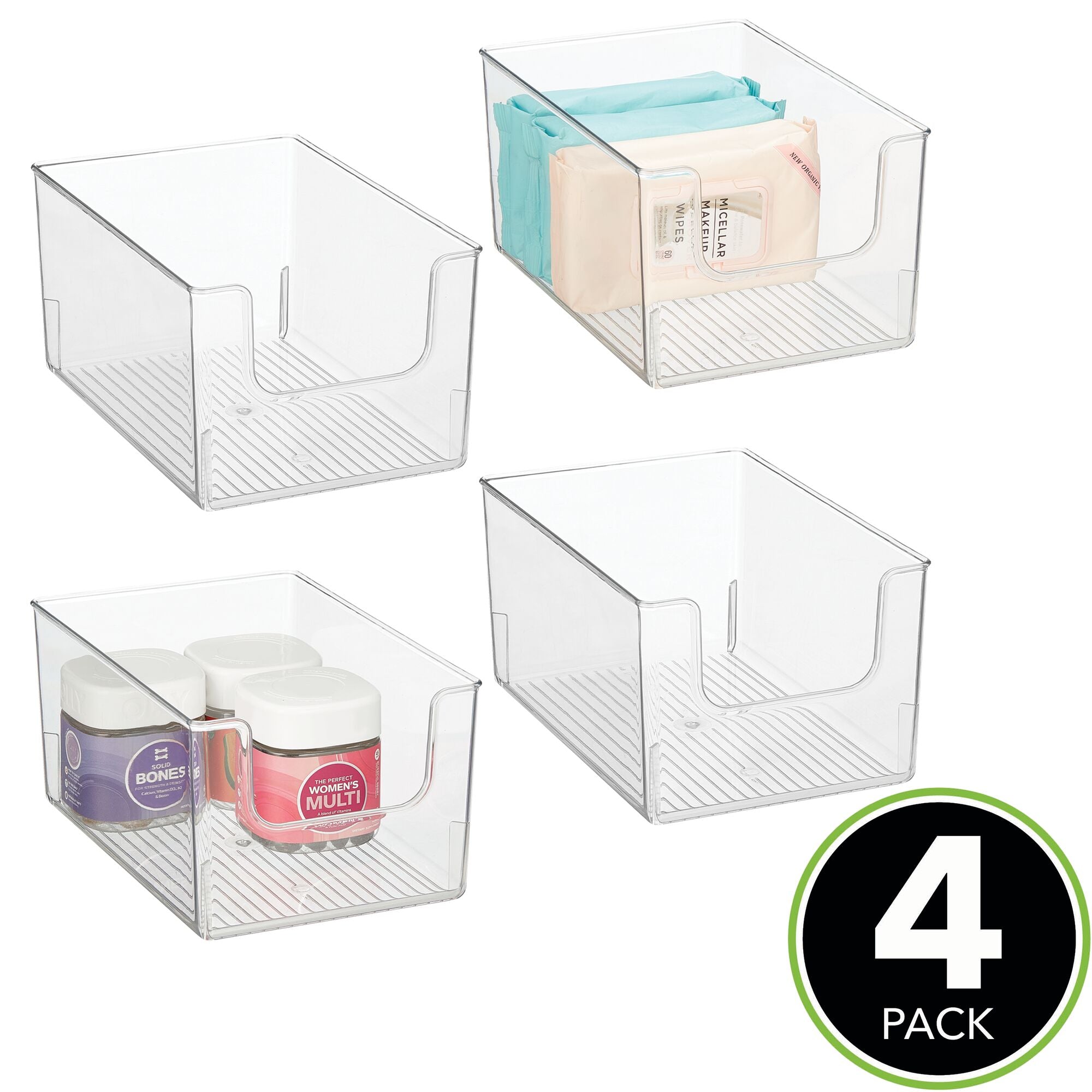 mDesign Modern Deep Plastic Open Front Dip Storage Organizer Bin Basket for Bathroom Organization - Vanity Shelf， Cubby， Cabinet， and Closet Organizing Decor - Ligne Collection - 4 Pack - Clear