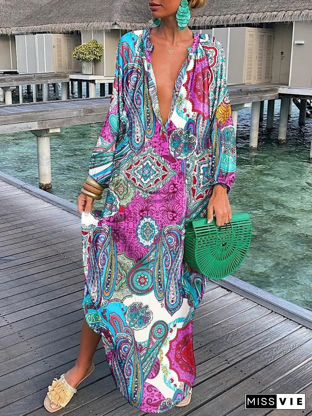 Women'S Dresses Loose V-Neck Long Sleeve Print Dress