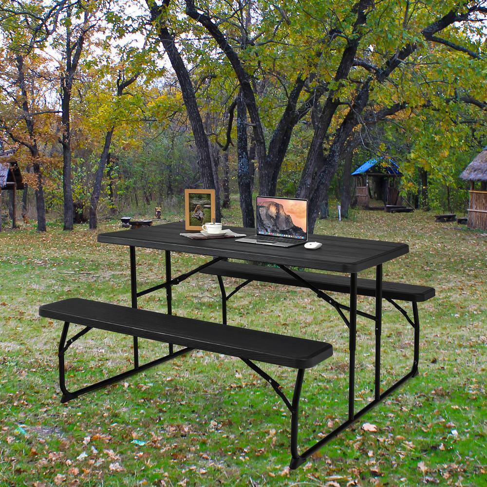 HONEY JOY Black Indoor  Outdoor Folding Picnic Table with Bench Seat Heavy-Duty Portable Camping Table Set TOPB006041