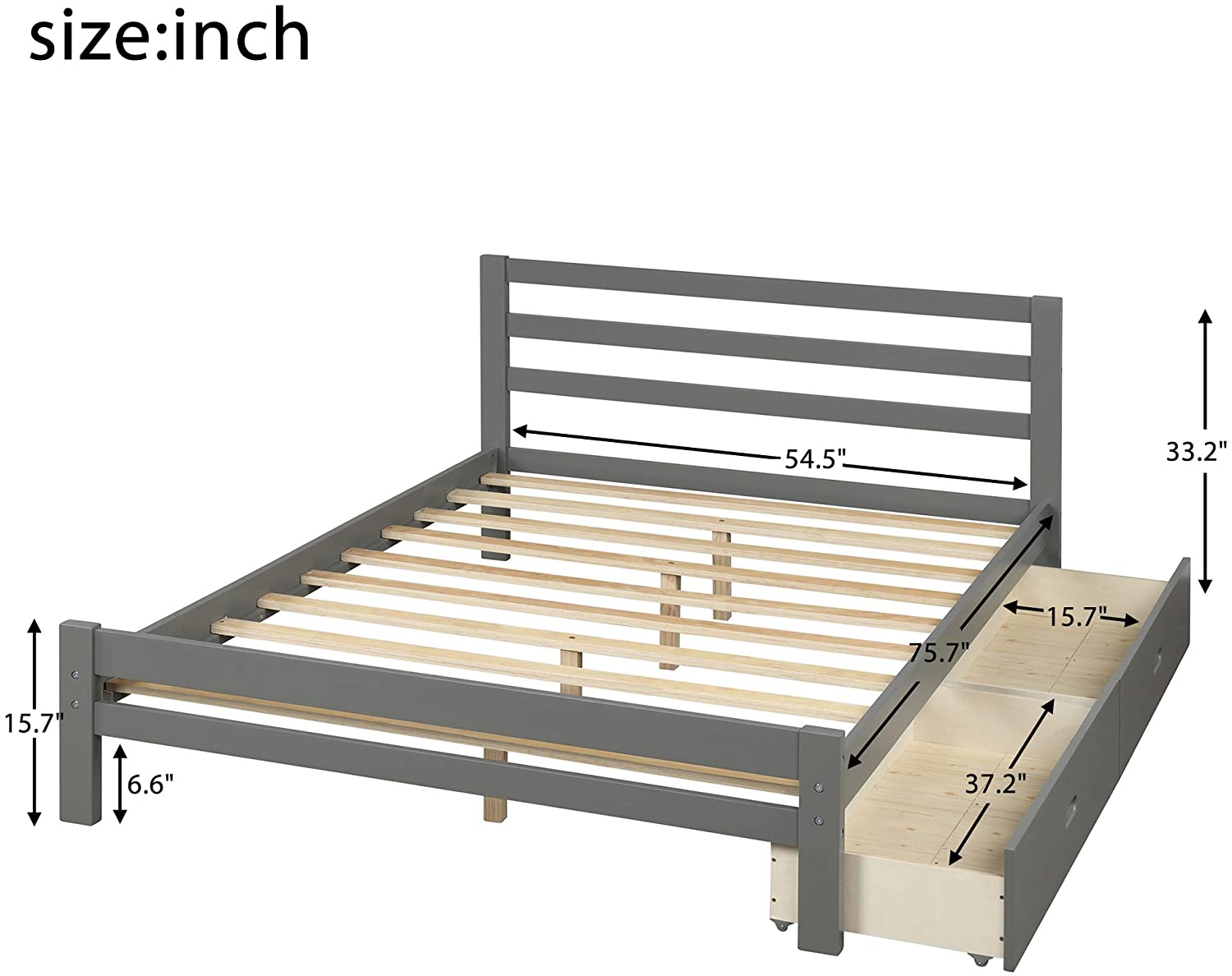 Rhomtree Wood Platform Bed with Storage Drawers Captain Bed with Headboard Footboard Mattress Foundation Kids Teens Bed (Full, Grey)