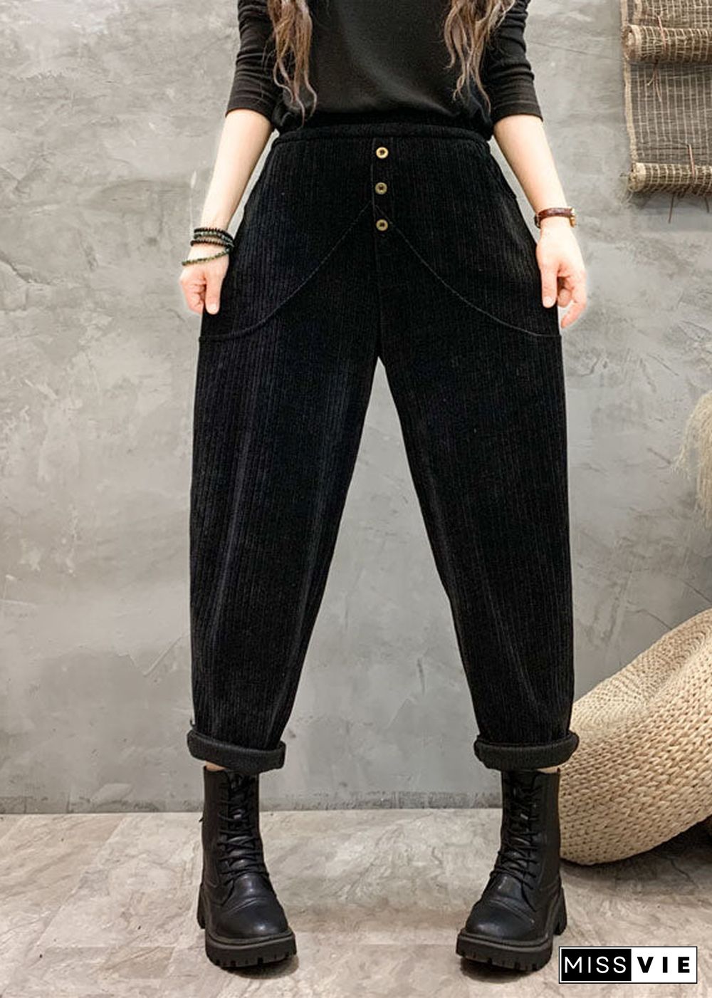 Unique Coffee Pockets Patchwork Elastic Waist Button Harem Pants Fall