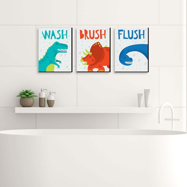 Big Dot Of Happiness Roar Dinosaur Dino T rex Kids Bathroom Rules Wall Art 7 5 X 10 Inches Set Of 3 Signs Wash Brush Flush