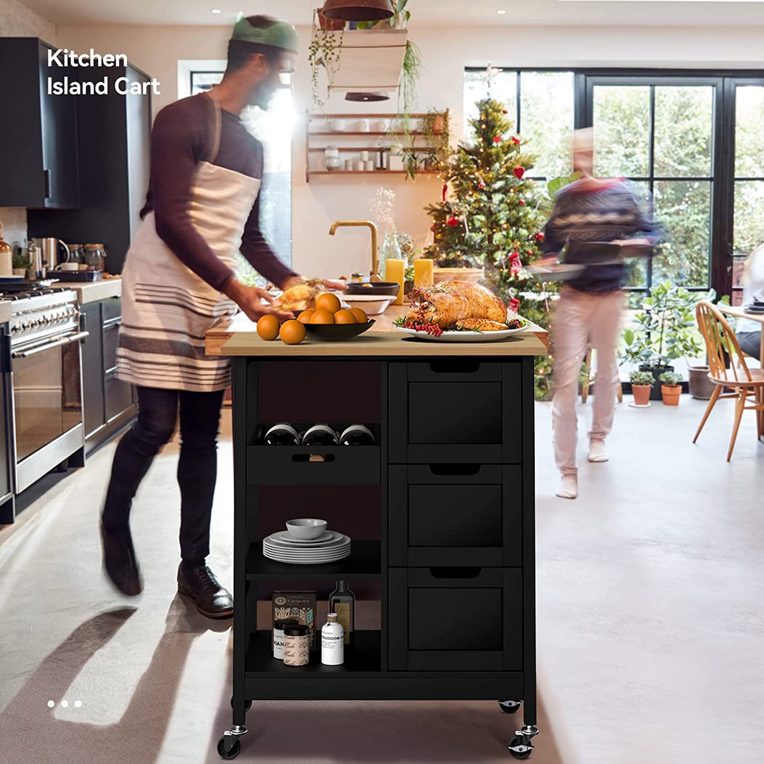 DWVO Mobile Rolling Kitchen Island Cart with Cabinet and Drawers and Towel Bar with 3 Drawers and 3 Storage Shelves， Black