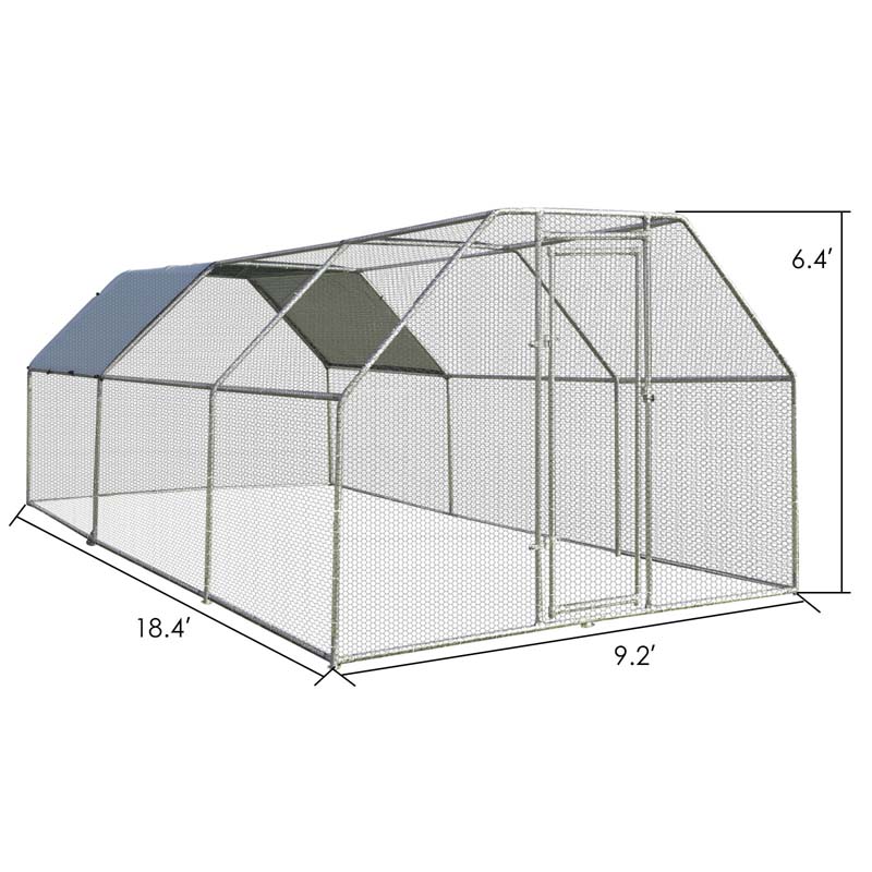 9.5' x 19' x 6.5' Galvanized Metal Large Walk-in Chicken Coop Cage Runs Hen House with Cover & Lockable Door