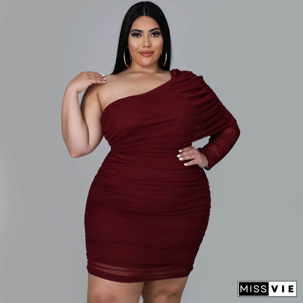 Plus Size Mesh Solid Single Sleeve Bodycon Dress