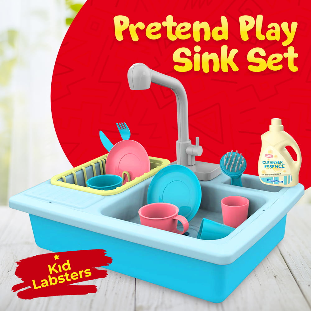 Pretend Play Sink Set - Pretend Kitchen Sink and Dishwashing Playset - Plastic Diner and Playhouse Toy Accessories