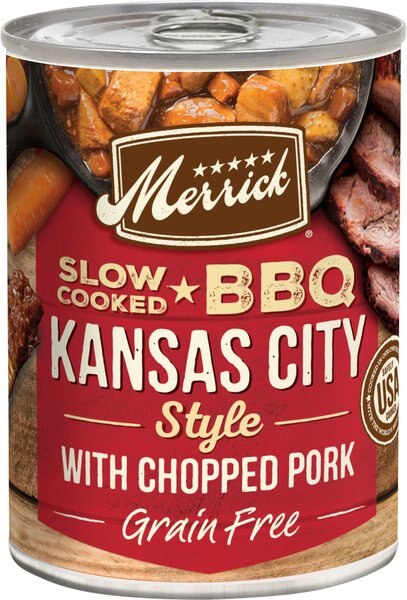 Merrick Slow-Cooked BBQ Kansas City Style Chopped Pork Recipe Grain-Free Canned Dog Food， 12.7-oz can， case of 12