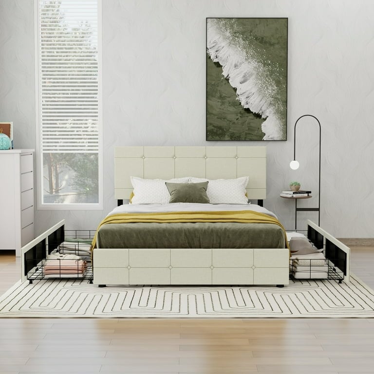 NNV Upholstered Platform Bed Frame with 4 Storage Drawers  Button Tufted Design