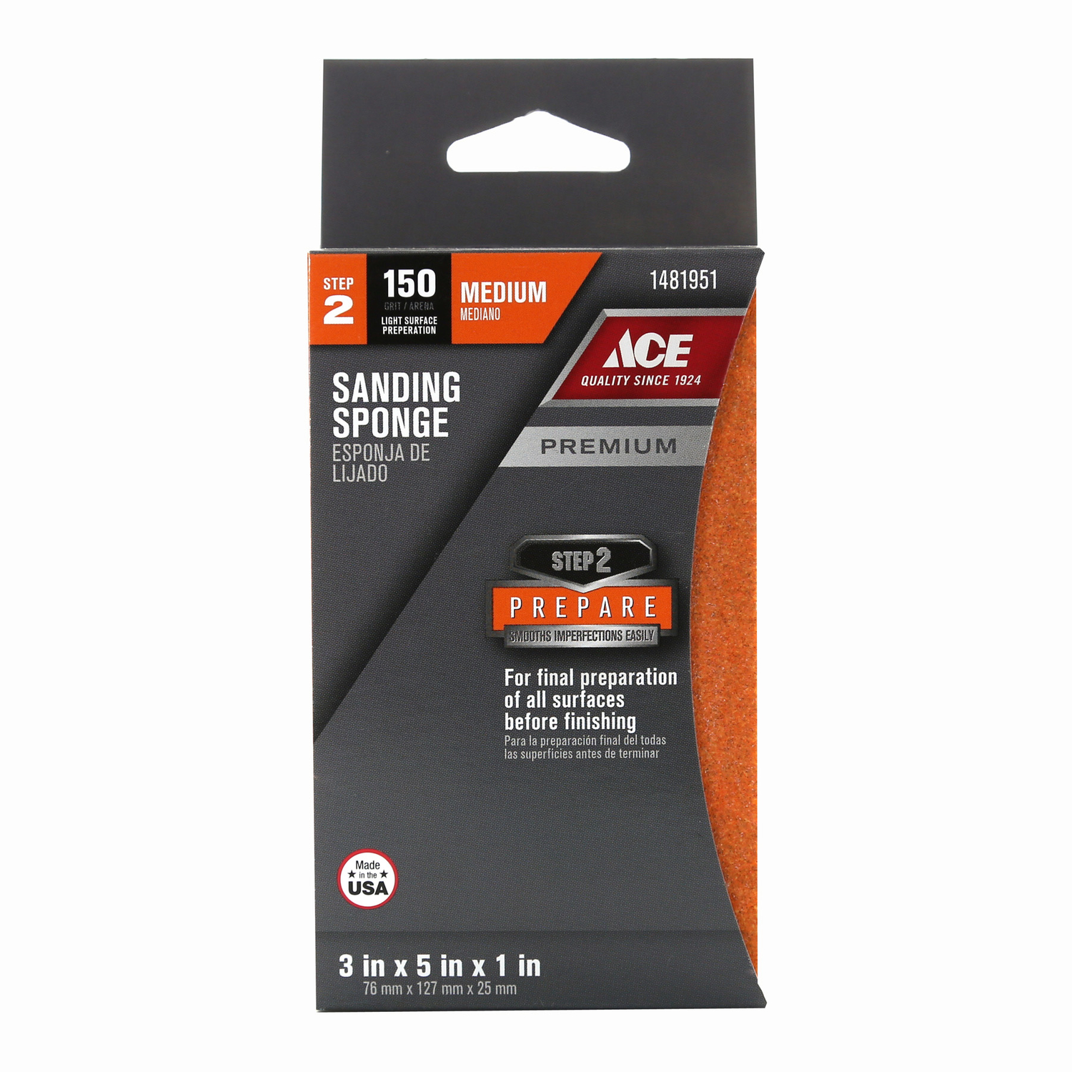 Ace 5 in. L X 5 in. W X 1 in. 150 Grit Fine Block Sanding Sponge