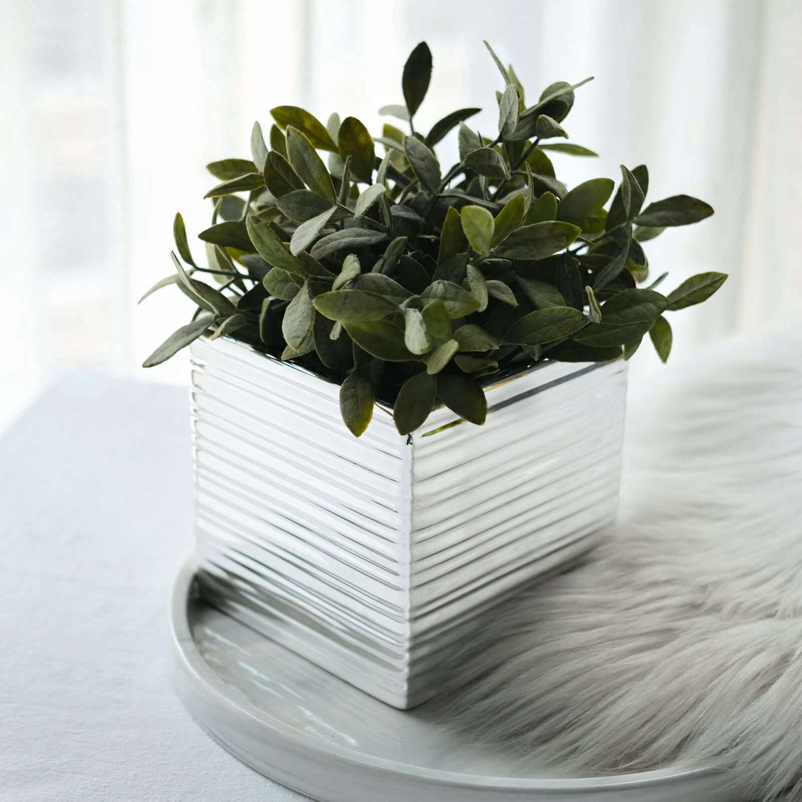 2 Pack Silver Brush Textured Ceramic Square Flower Plant Box, Cube Shaped Planter Pots 5