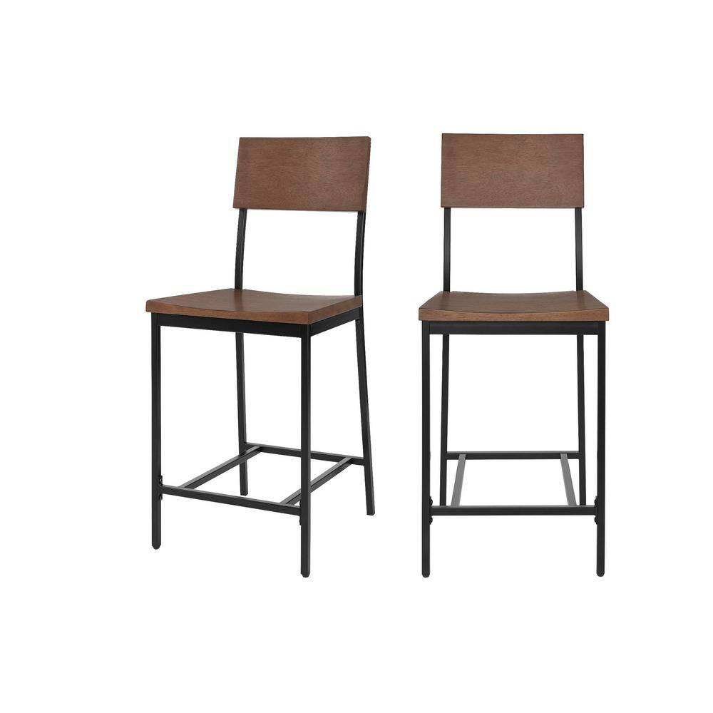 StyleWell Porter Black Metal Counter Stool with Back and Haze Oak Finish Seat (Set of 2) BC40482