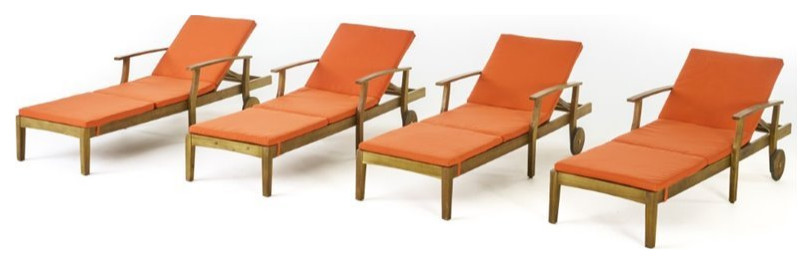 Noble House Perla Outdoor Chaise Lounge in Teak and Orange (Set of 4)   Contemporary   Outdoor Chaise Lounges   by Homesquare  Houzz