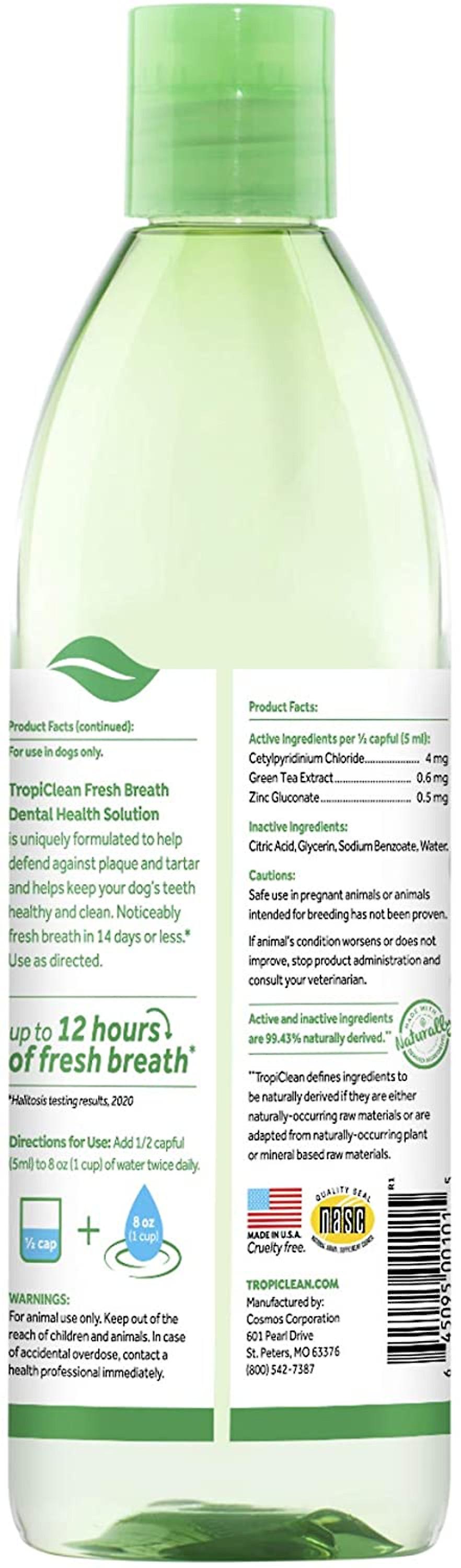 TropiClean Dog Breath Freshener Oral Care Water Additive for Dogs， Pets， Cats