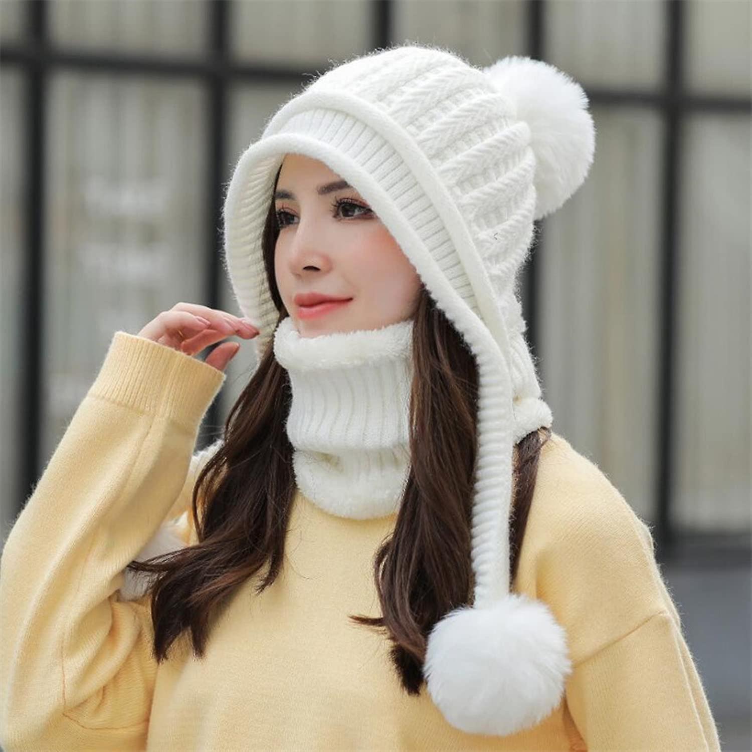 Women Winter Beanie Hat Peruvian Circle Scarf Set Ski Ear Flaps Caps Dual Layered Fleece Lined Pompoms E1925-baise -