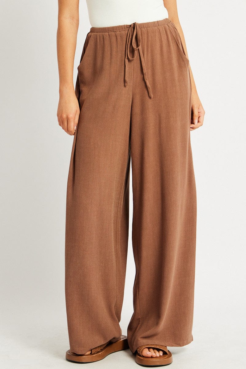 Brown Wide Leg Pants High Rise