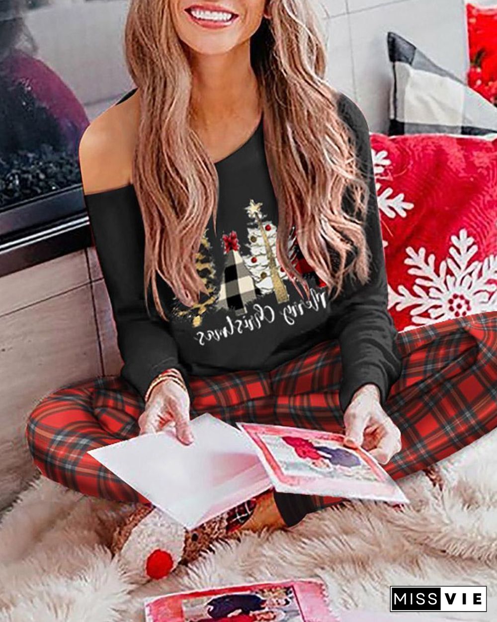 Christmas Print Long Sleeve Top & Plaid Pants Set P10825