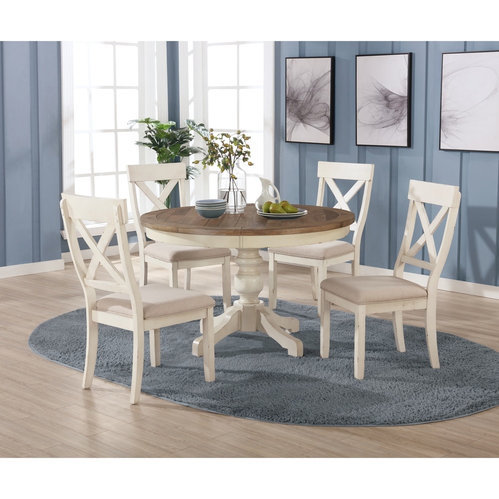 Roundhill Furniture Prato 5 Piece Round Dining Table Set with Cross Back Chairs  Antique White and Distressed Oak