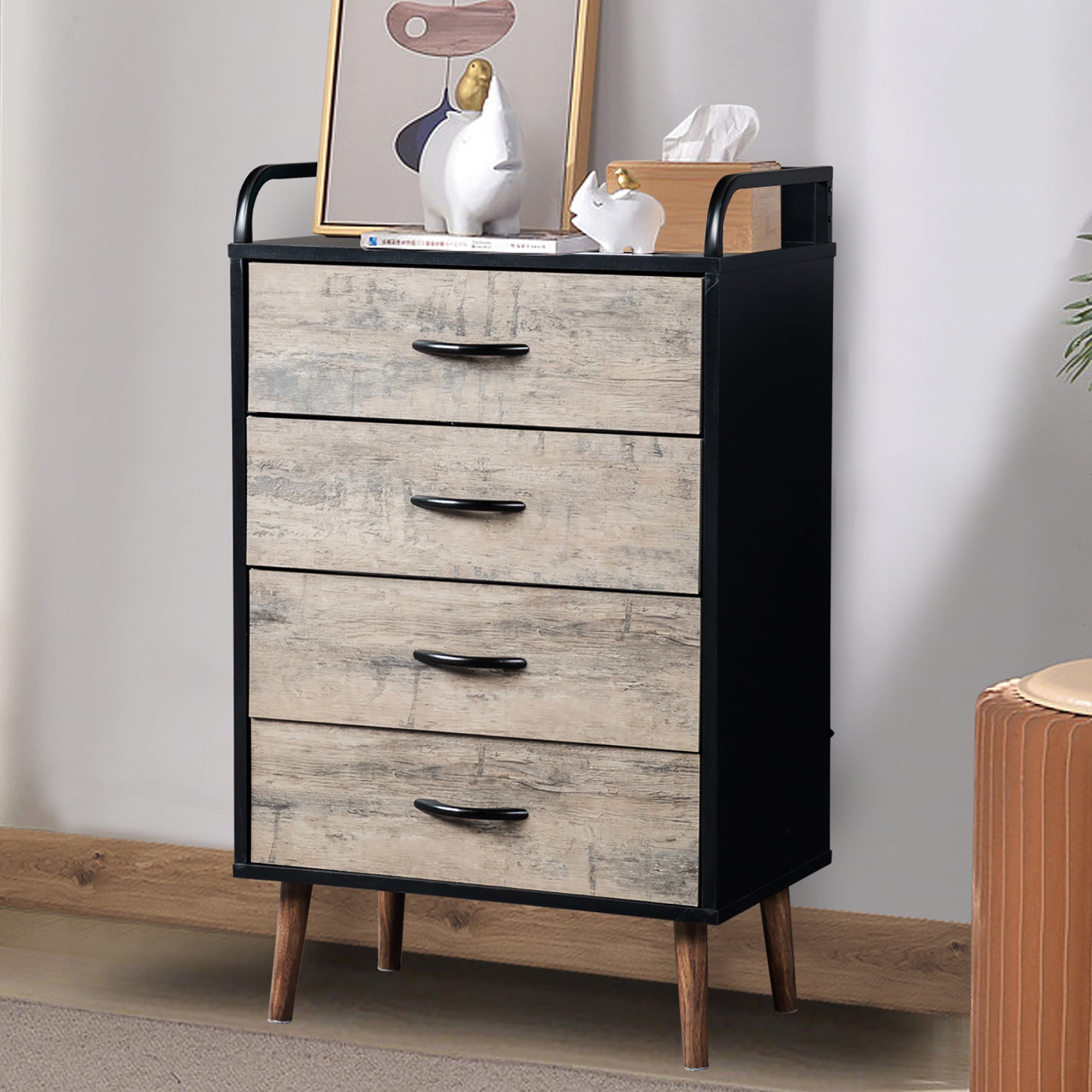 SYNGAR Modern 4 Drawer Dresser, Storage Cabinet with Fabric Drawers and Handles, Dressers and Chests of Drawers, Organizer Unit for Bedroom, Living Room, Hallway, Closets, Nursery, Gray and Black