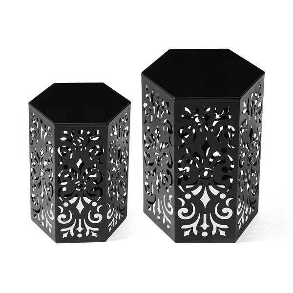 Glitzhome Set of 2 Iron Floral Pattern Outdoor Table Garden Stool