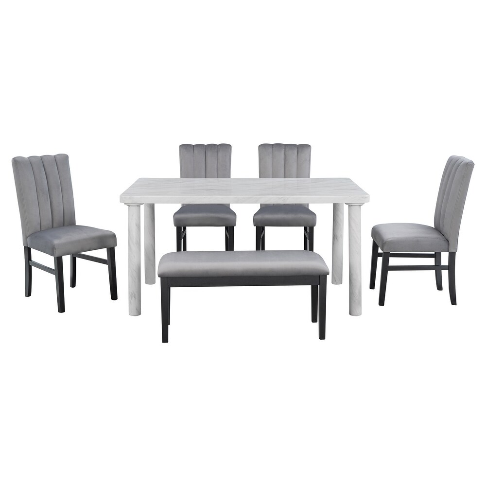 6 Piece Dining Table Set with Marble Veneer Table 4 Chairs and 1 Bench