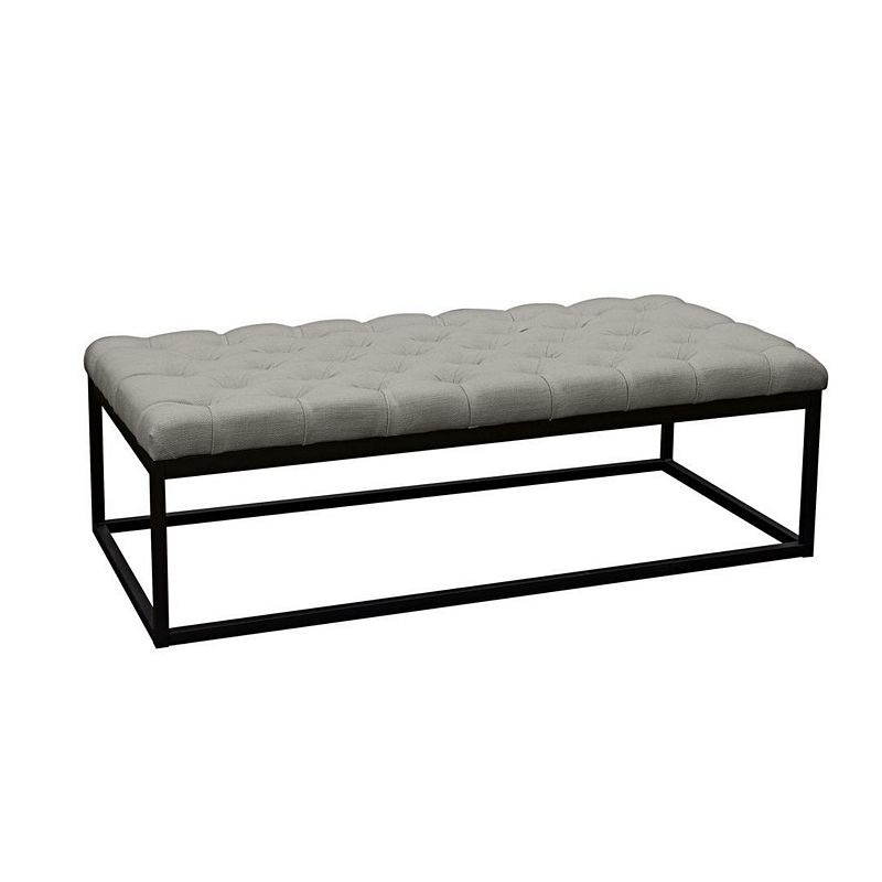 Linen Upholstered Button Tufted Bench with Open Metal Base， Large， Gray and Black