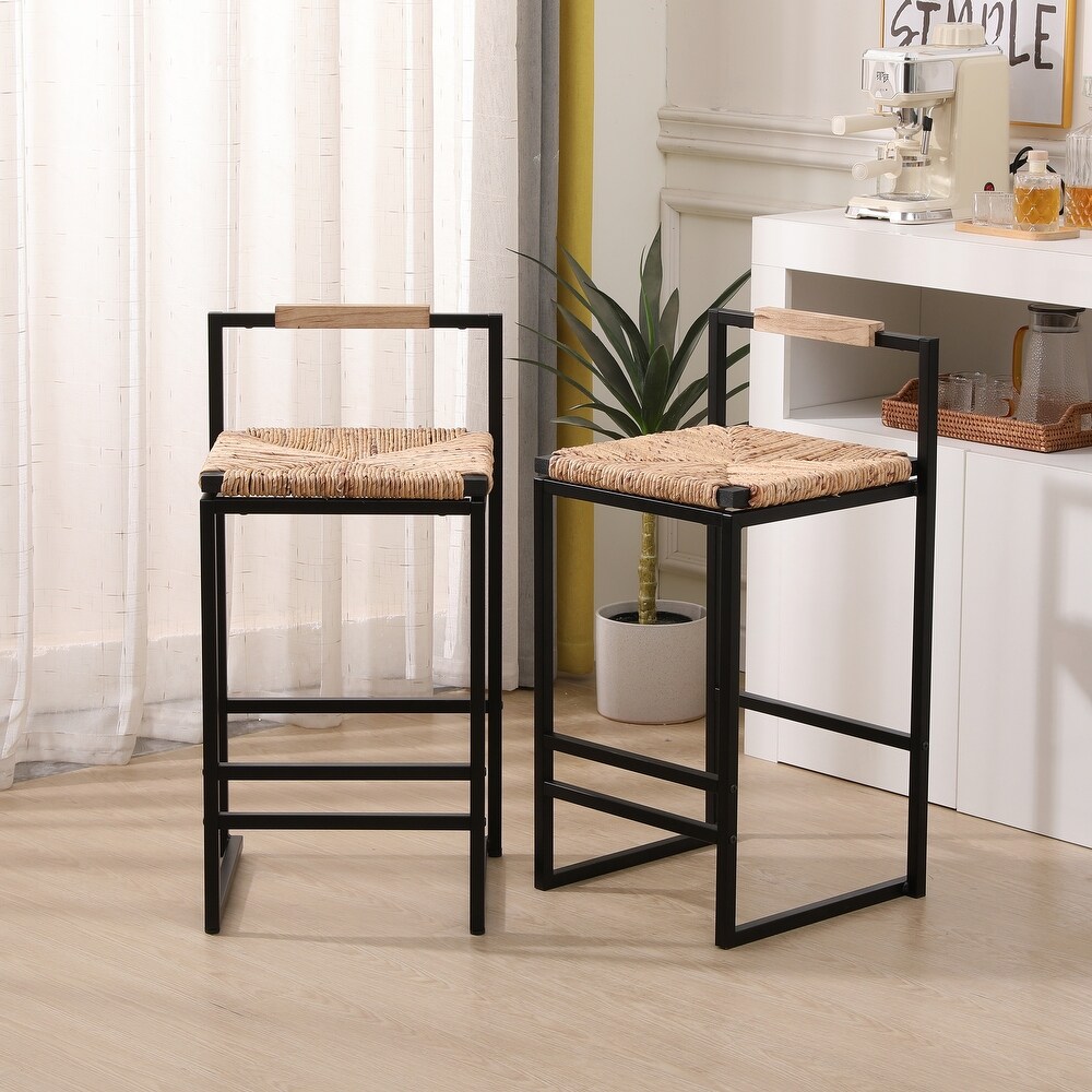 Set of 2 Pub Chairs Bar Stools with Woven Seat  Unique Bar Chairs with Footrest  Counter Height Dining Chairs  Accent Chairs