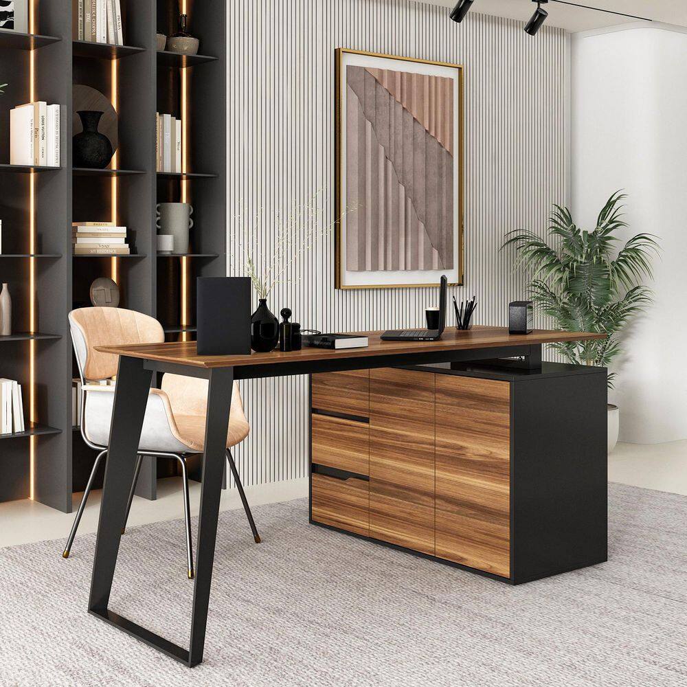 FUFUGAGA 54.3 in. Reversible L-Shaped Brown Wood Writing Desk Office Workstation With Adjustable Shelves Drawers Doors Cabinet KF210181-01