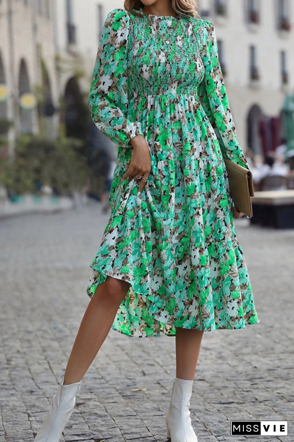 Elastic Waist Puff Sleeves Ruffle Printing Dress