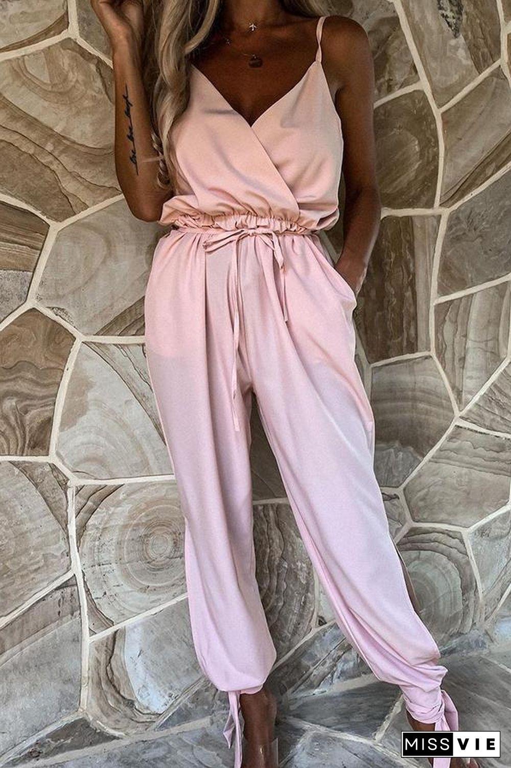 Beyond The Sea Pocketed Satin Wrap Jumpsuit