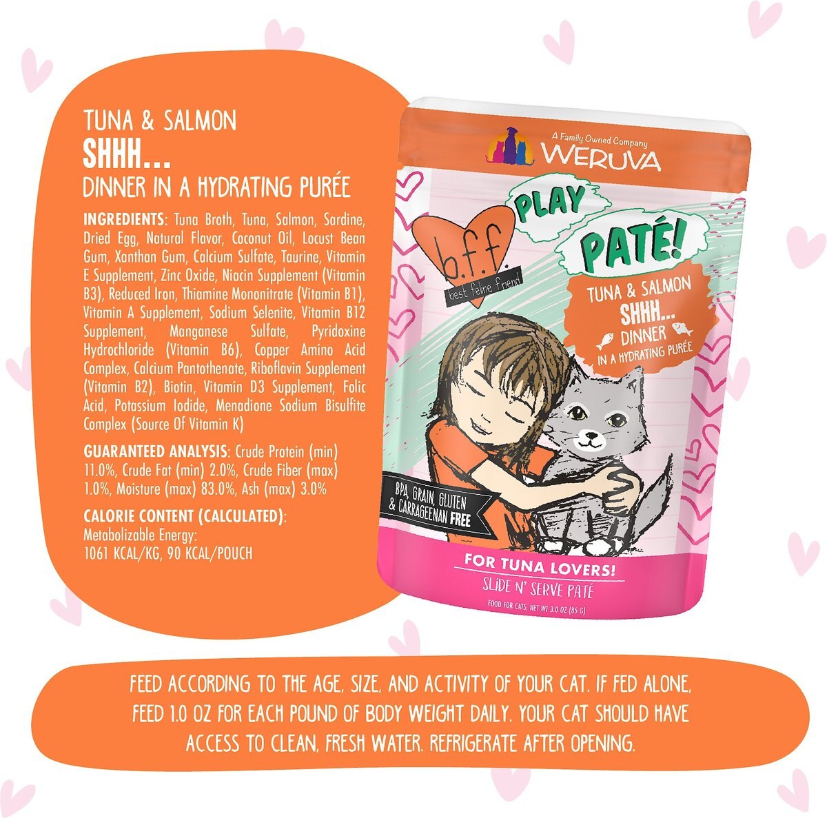 BFF Play Pate Lovers Tuna and Salmon Shhh Wet Cat Food， 3-oz pouch， pack of 12