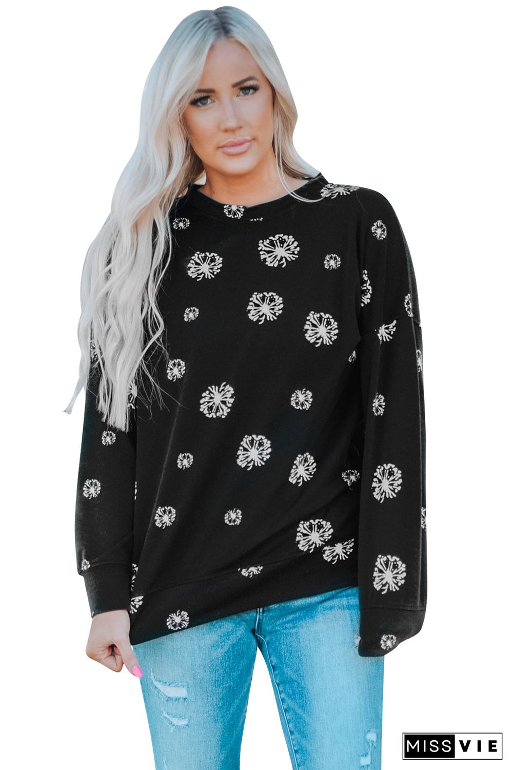 Black Dandelion Print Round Neck Sweatshirt