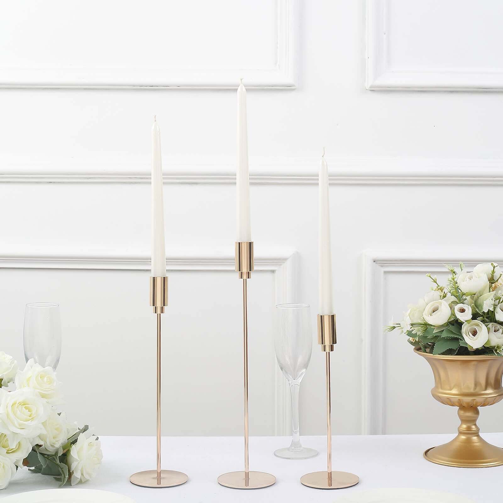 Set of 3 Gold Metal Taper Candle Stands With Round Solid Base, Decorative Candlestick Holder Set 9