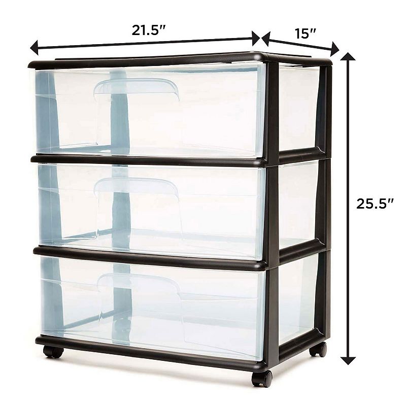 Homz Tall Solid Plastic 3 Drawer Medium Storage Cart With Wheels， Black (2 Pack)