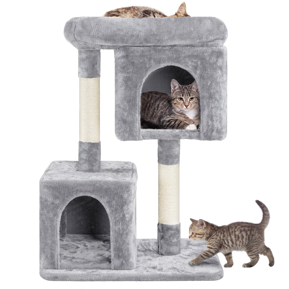 SMILE MART Multilevel Small Space Cat Tree with Condos， Light Gray