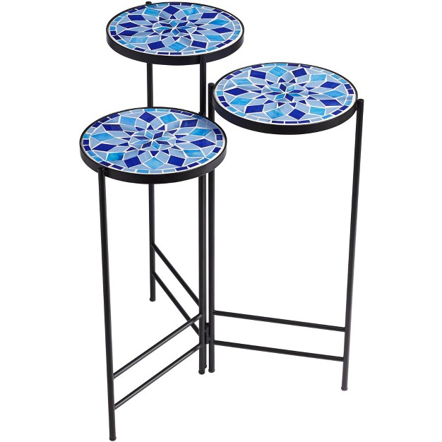 Wide Set Of 3 Blue Mosaic Tabletop For Front Porch Patio Home House