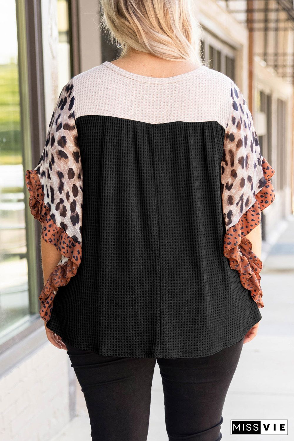 Black Waffle Knit Animal Print Ruffle Sleeves Plus Size Top