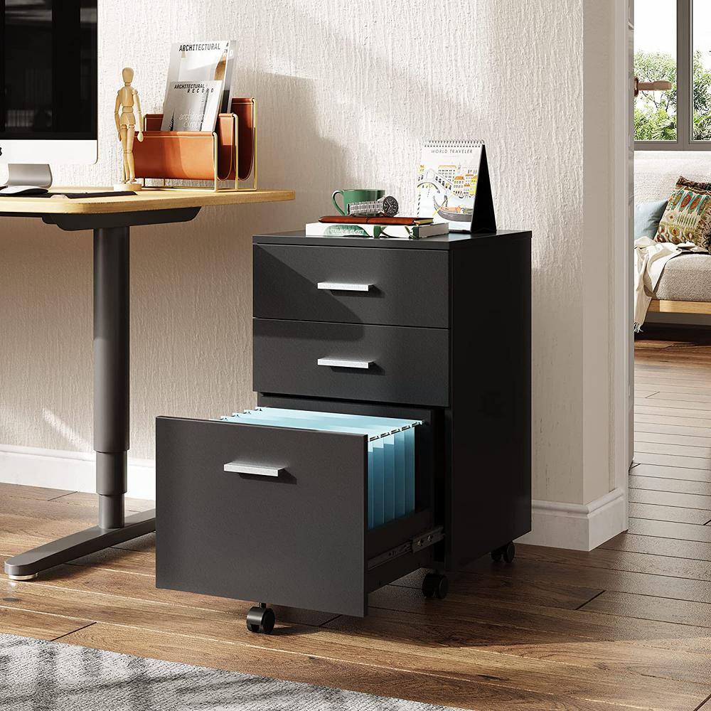 Black 3-Drawer Wood Mobile File Cabinet SN820C-184