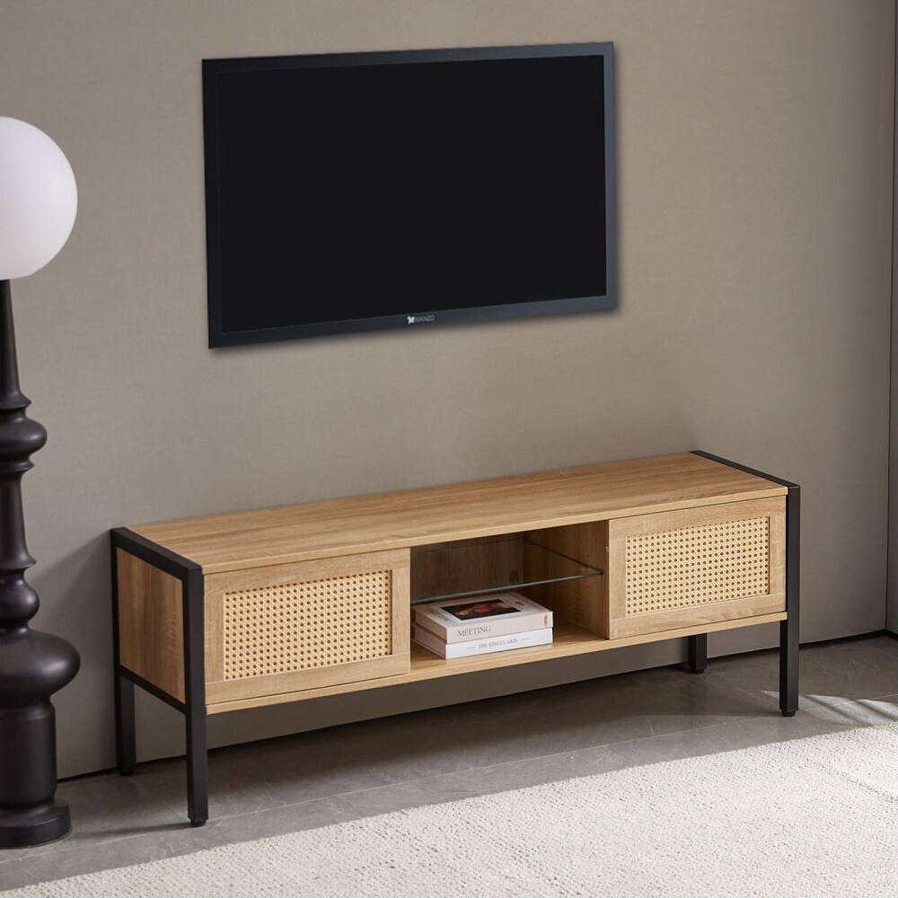 Rattan TV cabinet with variable color light strip AND metal legs