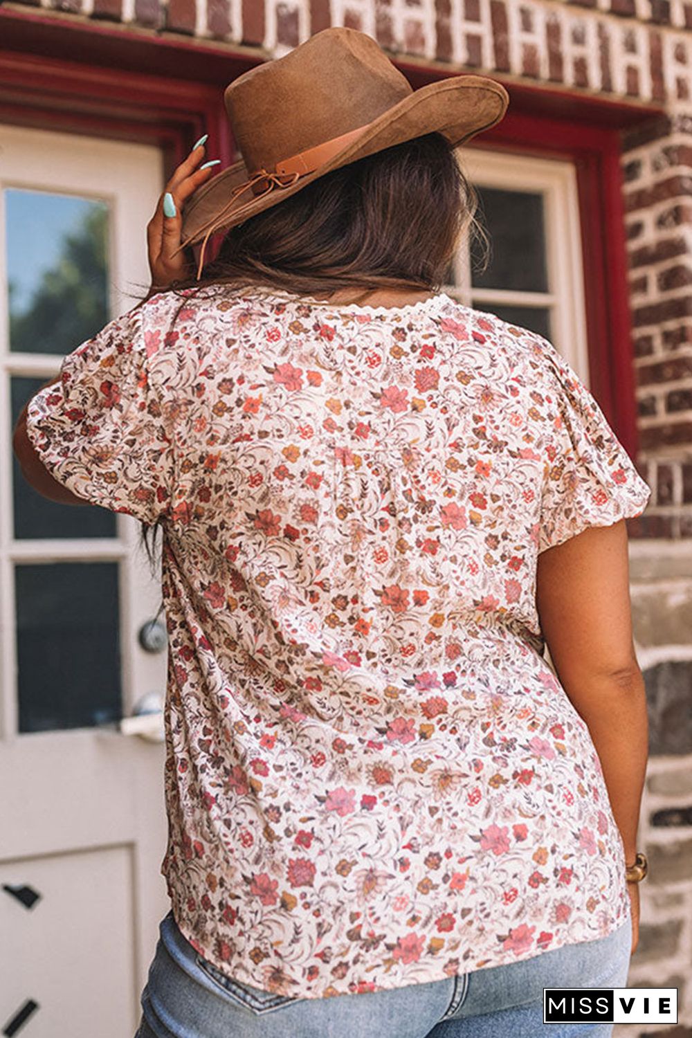 Pink Split Neck Floral Print Plus Size Top