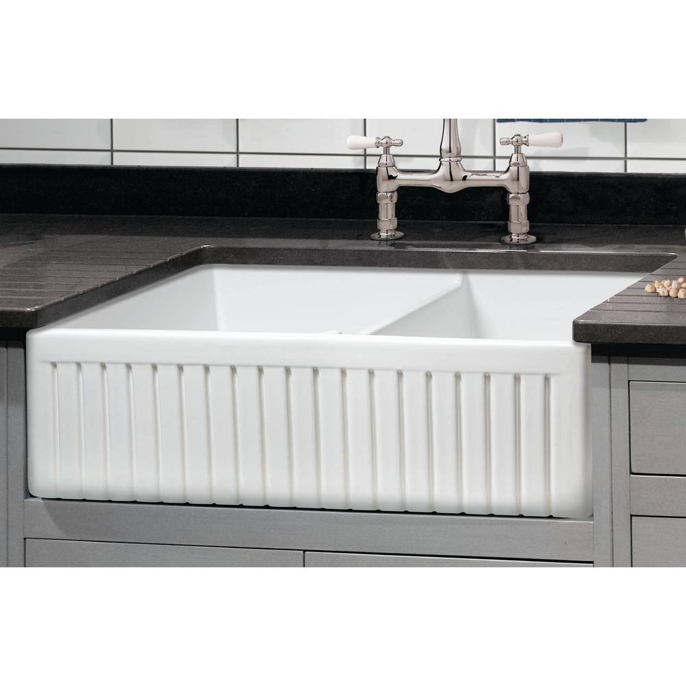 Empire Industries Sutton Place Farmhouse Fireclay 33 in. 5545 Double Bowl Kitchen Sink with Grid with Grid and Strainer SP33DG