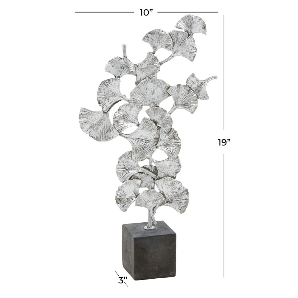 Silver Polystone Floral Sculpture with Black Block Base   10 x 3 x 19