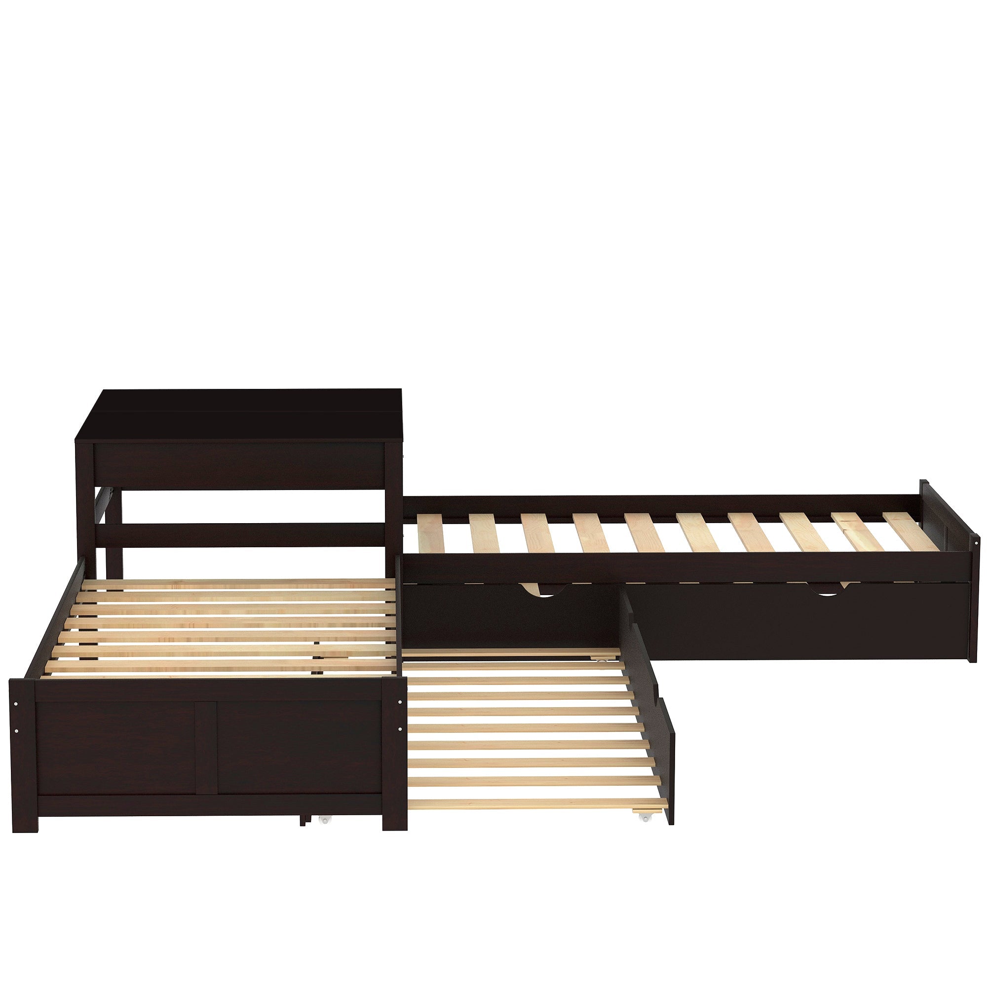 Euroco Twin L-Shaped Platform Bed with Square Table for Kids Bedroom, Espresso